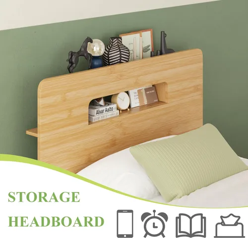 Vista 3 de ZIYOO Marco de cama de madera de bambú maciza tamaño individual con cabecera de almacenamiento, marco de cama plataforma de 14 pulgadas