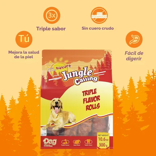 Vista 2 de Jungle Calling Rollos para Perros de Triple Sabor, Hechos con Carne Real de Pollo, Pato y Res, Snacks para Perros Sin Cuero Crudo, Saludables
