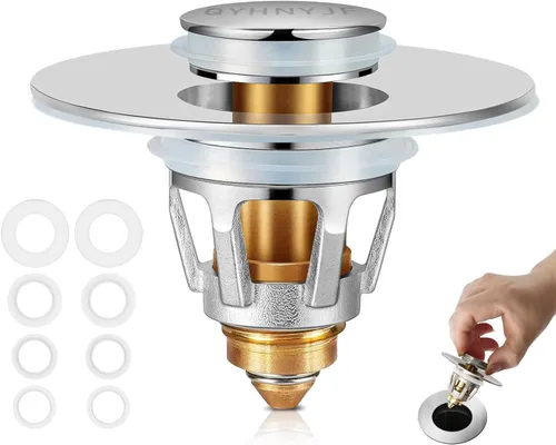 Vista 10 de QYHNYJF Tapón de lavabo de baño mejorado con recogedor de pelo, tapón de drenaje universal emergente, sello de acero inoxidable y silicona