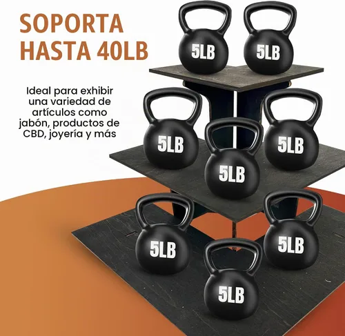 Vista 3 de Mesa expositora de esquina de ébano quemado de 3 niveles con estantes para productos - portátil Negro