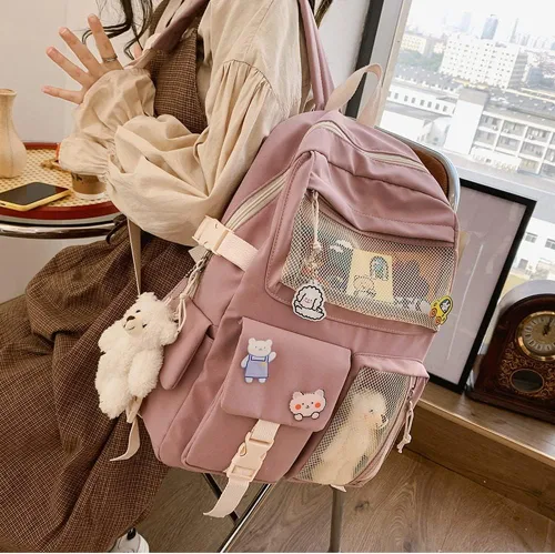 Vista 6 de Mochila kawaii con bonito pin y accesorios, linda mochila kawaii para mochila escolar, mochila kawaii para niña, Negro