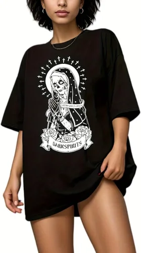 Vista 11 de Camiseta gótica para mujer, Y2K Harajuku, tops gráficos de algodón, ropa de anime 586 Gris Oscuro