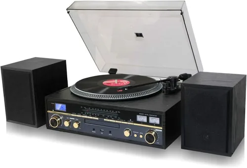 Vista 6 de TechPlay Commander, tocadiscos de 3 velocidades con control de tono, reproductor de CD, amplificador con medidor VU, Bluetooth y grabación USB
