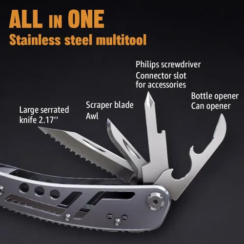 Vista 6 de Multiherramienta 24 en 1 con cuchillo, alicates y 11 puntas de acero inoxidable afilado, multiherramienta para hombres, equipo ideal