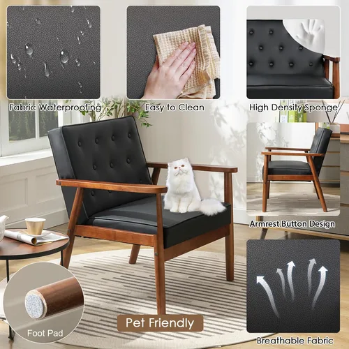 Vista 5 de STHOUYN Sillas decorativas de cuero negro, sillas de sala de espera con brazos de madera, silla con brazo para invitados de oficina, silla moderna