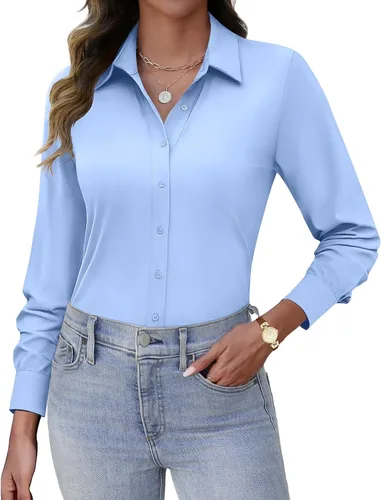 Vista 13 de HOTOUCH Camisas con botones para mujer, de manga larga, elásticas, sin arrugas, blusas de trabajo, ajustadas, para la oficina