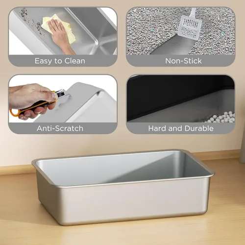 Vista 7 de Citylife - Caja de arena para gatos de acero inoxidable con tapa, entrada frontal y superior, caja de arena de metal extra grande con pala