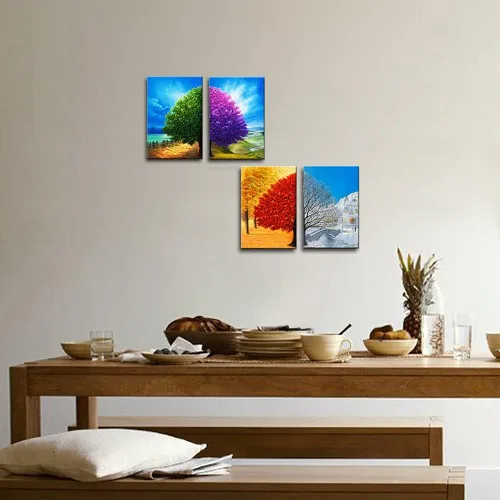 Vista 7 de Wieco Art Lienzo decorativo de 4 paneles para pared, diseño de árbol de cuatro estaciones, coloridas impresiones de paisaje de primavera, verano