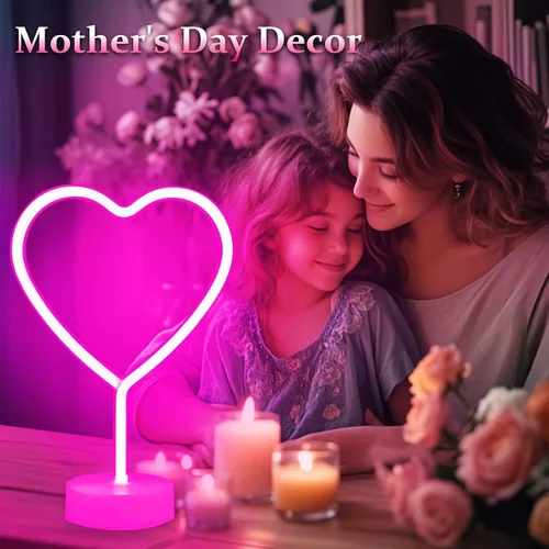 Vista 9 de BHCLIGHT Letrero de neón de corazón rosa, luz LED de neón para el día de San Valentín, funciona con pilas o USB, luces de corazón rosa de San