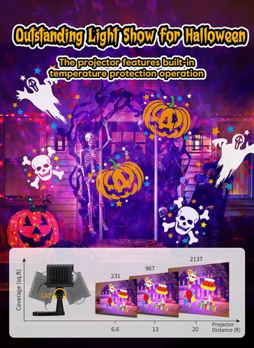Vista 7 de Minetom Proyector de luces de Navidad de Halloween para exteriores, 26 efectos HD (ondas oceánicas 3D + patrones), impermeable, con temporizador