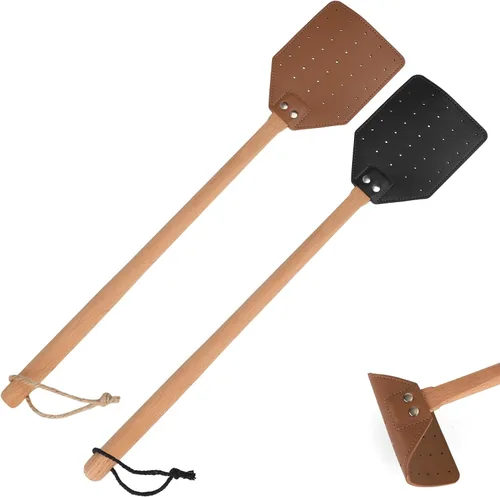 Vista 8 de Matamoscas de cuero, matamoscas manual resistente con mango de madera largo y cuerda para colgar, matamoscas duradero, matamoscas de avispas