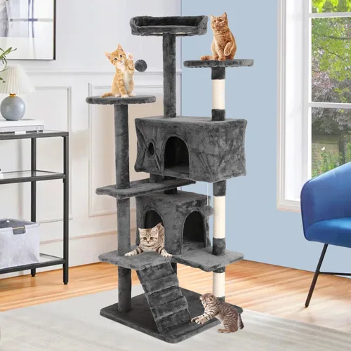 Vista 7 de Muebles para gatos de varios niveles de 54 pulgadas Torre Condominio Casa para gatos de interior - Ashy