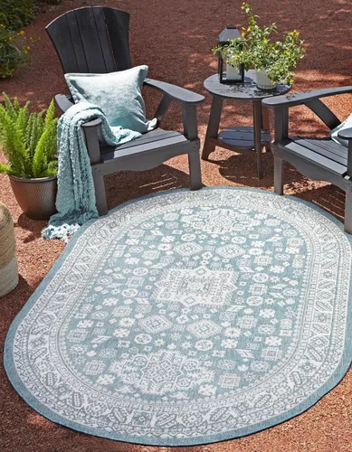 Vista 62 de Unique Loom Outdoor Aztec Collection Alfombra de área, Chalca (5 pies 3 pulgadas, octágono, aguamarina/marfil)