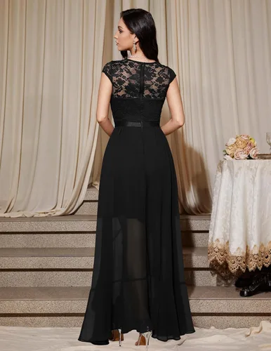 Vista 3 de Bbonlinedress Vestido de cuello en V para mujer con encaje floral alto-bajo, para invitadas de boda, graduación, cóctel, fiesta formal y dama