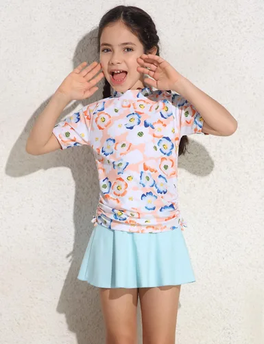 Vista 4 de Cadocado Traje de baño chic de 3 piezas para niñas con protección UPF 50+ floral de manga corta