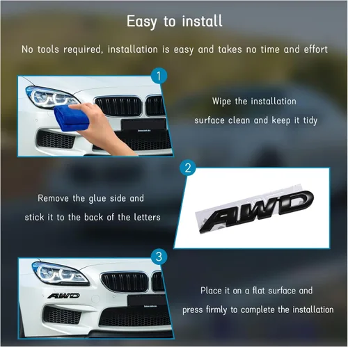 Vista 4 de Dickno Pegatina de emblema AWD, calcomanía de letra 3D de metal para puerta trasera y lateral, emblema adhesivo para parachoques laterales de auto