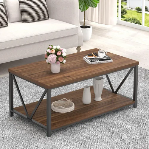 Vista 11 de FOLUBAN Mesa de centro con almacenamiento, mesas centrales pequeñas modernas para espacios pequeños, mesa de cóctel de madera rústica y metal