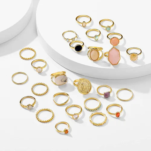 Vista 4 de Juego de anillos de nudillos de cristal dorado para mujeres y adolescentes anillos gruesos coloridos juego de anillos de plata dorada paquete