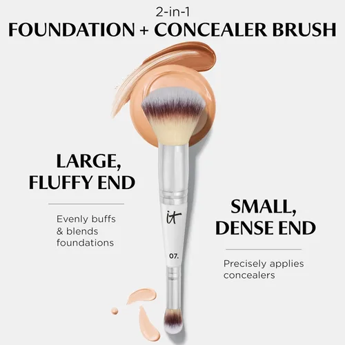 Vista 3 de IT Cosmetics CC+ Crema con SPF 50+ Base de cobertura completa con acabado natural (Rich Cool - 1.08 fl oz) y corrector 2 en 1 y pincel de base #7