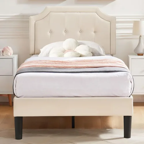 Vista 16 de VECELO - Base de cama tapizada con plataforma individual con cabecera ajustable de panel cosido con botones, fuerte soporte de listones de madera