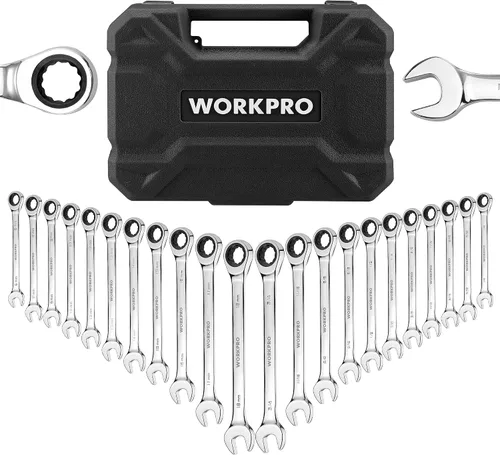 Vista 9 de WORKPRO - Juego de 22 llaves de trinquete, juegos de llaves combinadas con caja organizadora, niquelado, 72 dientes, métrica 6-18mm y SAE 1/4-3/4