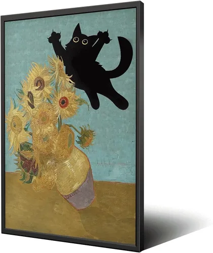 Vista 15 de Thcbme Arte de pared con diseño de gato, divertido diseño vintage de girasoles y gatos negros, póster retro para habitación, estética, sala