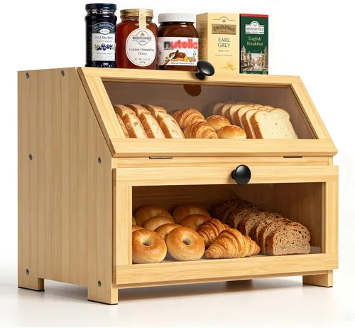 Vista 8 de Panera de bambú para encimera de cocina, contenedor grande de almacenamiento de pan recipiente portapanes de 2 capas para encimera de cocina Natural