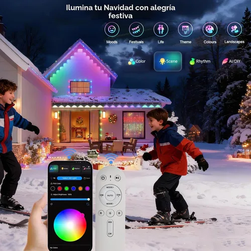 Vista 7 de Rosykite Luces de Navidad al Aire Libre - 50 pies de luces inteligentes RGB+IC para canalones con 63 escenas, impermeables IP67, control de voz