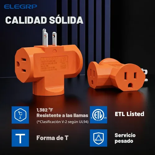 Vista 2 de ELEGRP Extensor de Energía de Servicio Pesado de 3 Clavijas a Triple Toma en Dirección T, Extensor de Toma de Pared Multidireccional con Conexión a