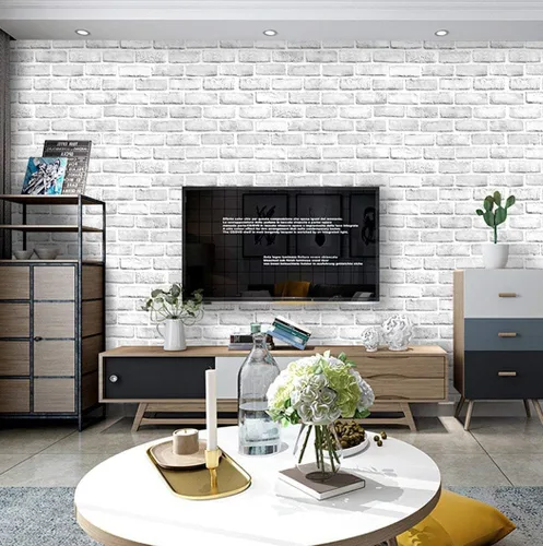 Vista 4 de Papel tapiz de ladrillo blanco y gris de 17.7 x 118 pulgadas, rollo autoadhesivo extraíble para decoración de sala de estar, dormitorio, pared