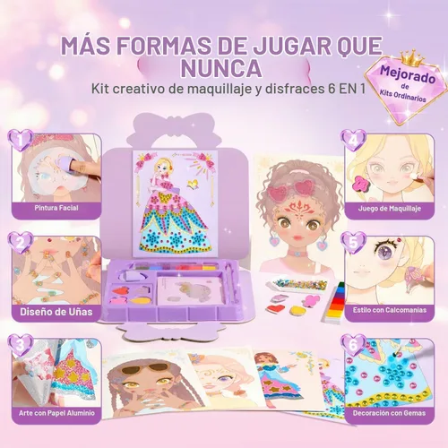 Vista 2 de Jar Melo Libros de actividades de maquillaje para niñas de 4 a 8 años, kit de manualidades 6 en 1 con arte de aluminio, calcomanías de gemas