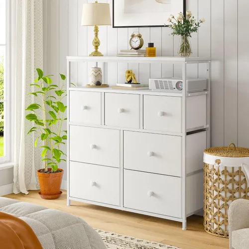 Vista 7 de Cómoda para dormitorio con 7 cajones y 2 estantes abiertos, soporte de TV para dormitorio, cómoda blanca para pasillo, entrada, dormitorio