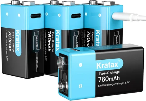 Vista 10 de Kratax Baterías de litio recargables USB de 9 V, paquete de 2 baterías recargables de iones de litio de 760 mAh de 9 voltios con cable de carga