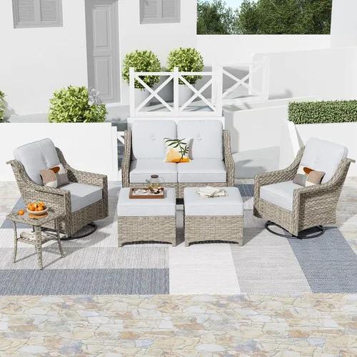 Vista 33 de HOOOWOOO Sofá de patio de 3 plazas de mimbre para exteriores, resistente a todo tipo de clima, con respaldo alto, muebles a juego (beige y bronceado)