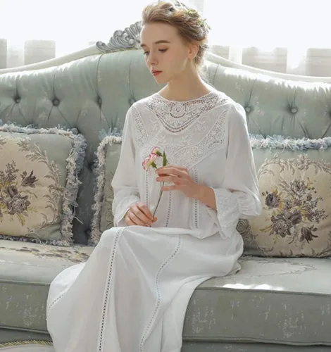 Vista 2 de Camisones victorianos de algodón para mujer, manga cortamanga larga, pijama para dormir