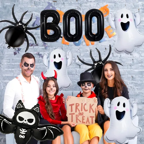 Vista 6 de Decoraciones de globos de Halloween, letras de abucheo negro, fantasma, murciélago, globo de lámina de araña para decoraciones de fiesta de Halloween