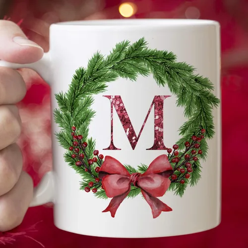 Vista 4 de Taza de café de cerámica con inicial de corona de Navidad, 11 o 15 onzas