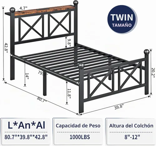 Vista 2 de ChicZhiNest Marco de cama tamaño Twin con estación de carga y luces LED, cama de plataforma de metal con cabecera de madera y estante