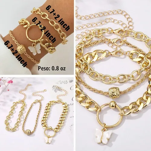 Vista 6 de IFKM Juego de 6 pulseras de cadena de oro bohemio para mujer, chapado en oro de 14 quilates, múltiples capas, apilables, abiertas, con eslabones