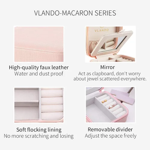 Vista 8 de Vlando City Beauty - Joyero organizador rosa pequeño organizador de viaje con espejo rosa