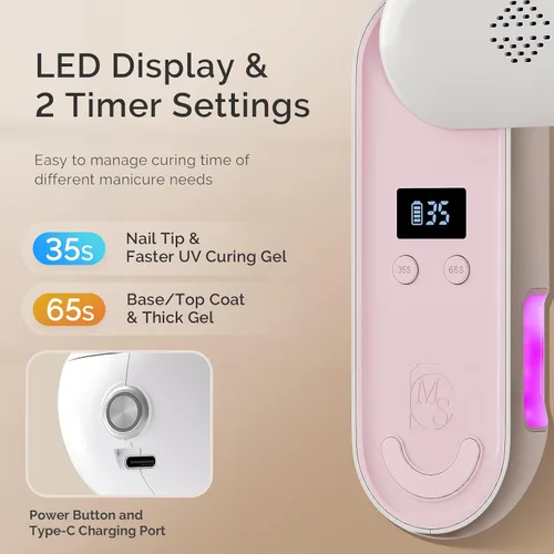Vista 6 de MelodySusie P-PLUS20F - Lámpara de uñas compacta inalámbrica con innovador panel giratorio y diseño de protección UV, la luz UV recargable cura Rosa