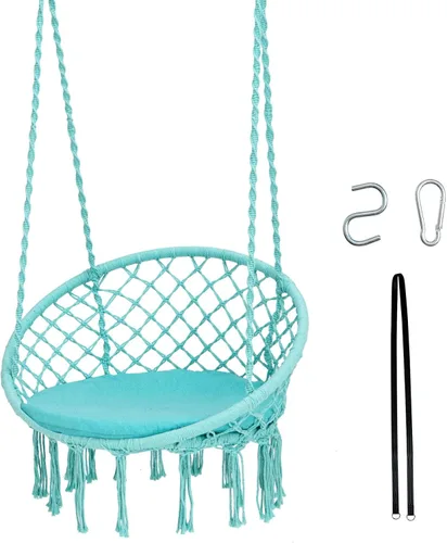 Vista 10 de Tangkula Silla hamaca con cojín, estilo bohemio de macramé con kit de accesorios para colgar y correa, columpio de cuerda colgante para interiores