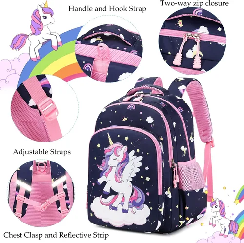 Vista 26 de Juego de mochila para niñas con diseño de unicornio, mochila escolar para niños, mochila para libros para niñas, set 3 en 1, regreso a clases