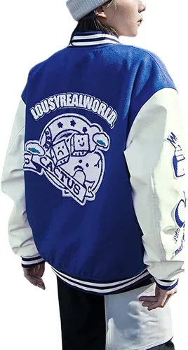 Vista 2 de Mxiqqpltky Chaqueta universitaria vintage para hombre, estilo casual, con estampado de letras, chaqueta de béisbol de retazos, ropa de calle