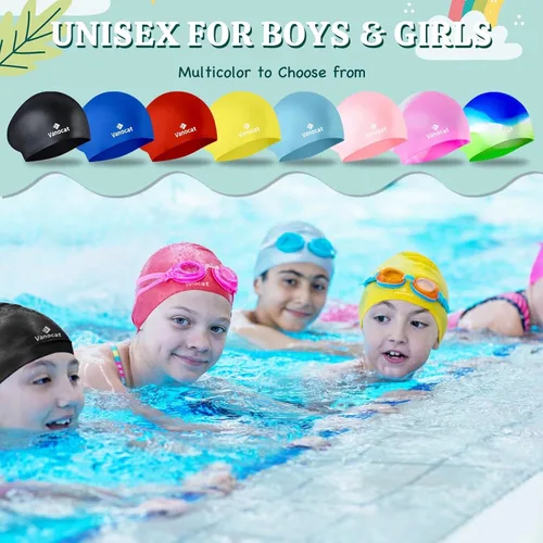 Vista 6 de 2 Pack Kids Swim Caps for Long/Short Hair, Unisex Silicone Swimming Cap for Age 3-15 Children Toddler Youth Teen, Waterproof Shower Cap Bathing Hats
