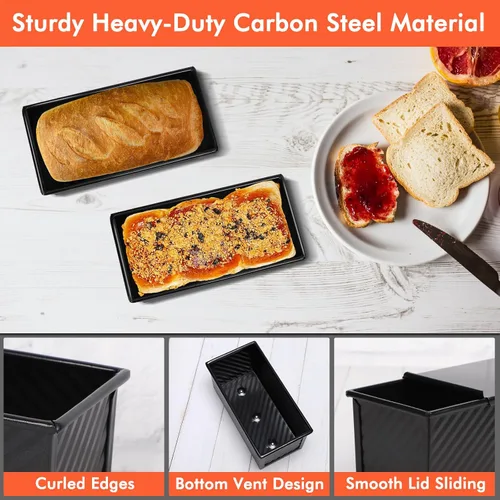 Vista 4 de Beasea Pullman - Molde para pan con tapa, paquete de 2 moldes pequeños antiadherentes para pan de 0.5 lb, acero al carbono, mini caja para pan Negro
