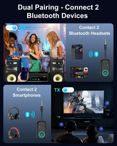 Vista 4 de Bomivoi Receptor transmisor Bluetooth 5.3, adaptador Bluetooth de avión para 2 auriculares, adaptador de audio inalámbrico para automóvil, llamada
