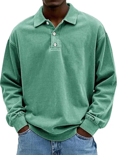 Vista 13 de Camisa Polo de Manga Larga para Hombre Camisa con Botón Desgastado Básica Color Sólido Camisa Polo Clásica Holgada Casual Camisas con Cuello Camiseta