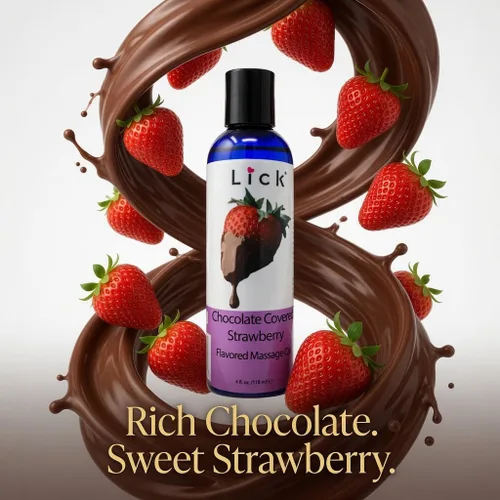 Vista 2 de Lick Aceite de masaje de fresas cubiertas de chocolate – Aceite de masaje comestible de postre gourmet con aceite de almendras y vitamina E