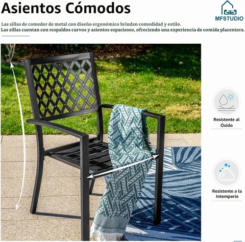 Vista 5 de MFSTUDIO Juego de 4 sillas de comedor apilables para patio, hierro forjado Patrón de red